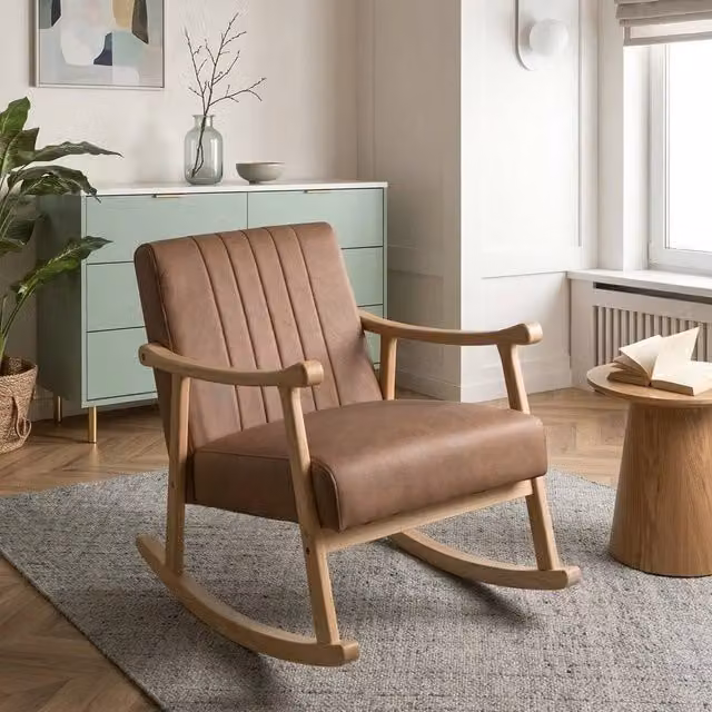 Wyld and Coco Rocking Armchair in Brown Faux Leather with Rubberwood Legs