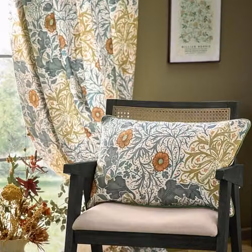 Morris & Co. Seaweed Printed Velvet Pencil Pleat Curtains, Stone and Sunflower, W: 167 cm, H: 183 cm – 4
