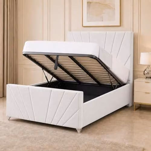 Living Comfort Bedz Sunrise Bed in White Plush Velvet with Gas Lift Base, 5ft King Size – 1