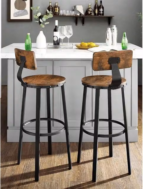 VASAGLE Set of 2 Industrial Kitchen Bar Chairs with Backrest in Brown and Black