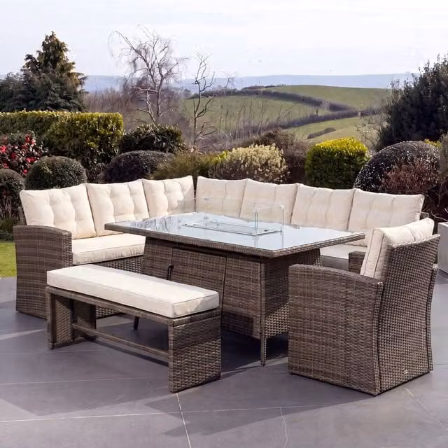 Artemis Home Piana 10 Seat Rattan Corner Sofa Set with Firepit Table, Bench and Chair in Brown