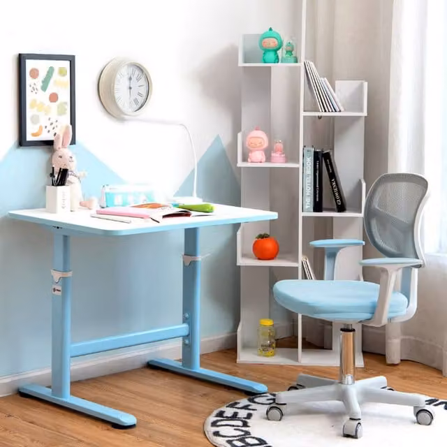 Costway Blue Fabric Kids Task Chair with Armrests for Children's Rooms and Home Offices