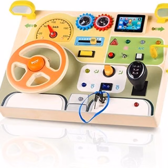 Dyzi Montessori Steering Wheel Board Sensory Toy in Beige and Multicolour Wood