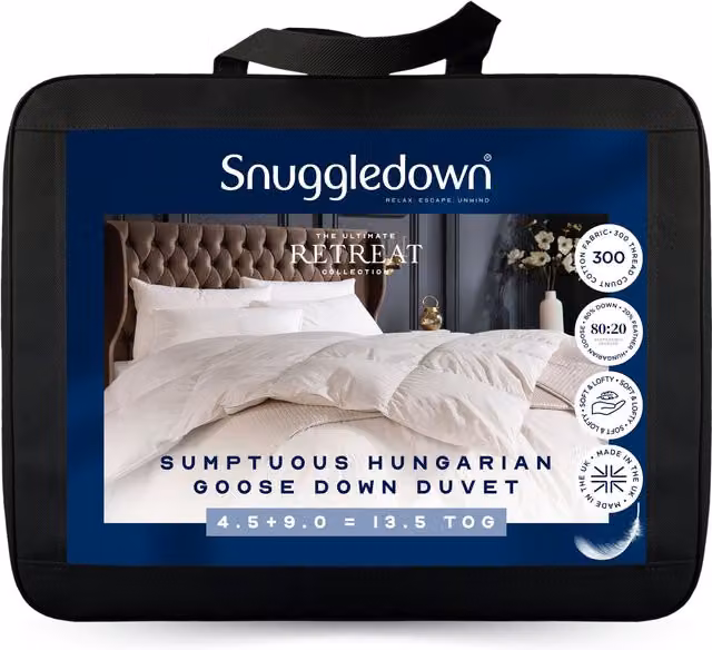 Snuggledown Retreat Hungarian Goose Down All Season 13.5 Tog (9+4.5 Tog) Duvet in White, Single – 1