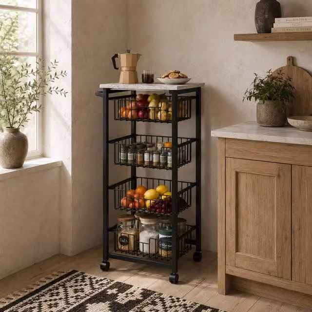Wyld Haus Fimado 4 Basket Mobile Kitchen Trolley with Marble Effect Top and Wheels in Light Grey, W/D/H: 91 x 49.5 x 31 cm
