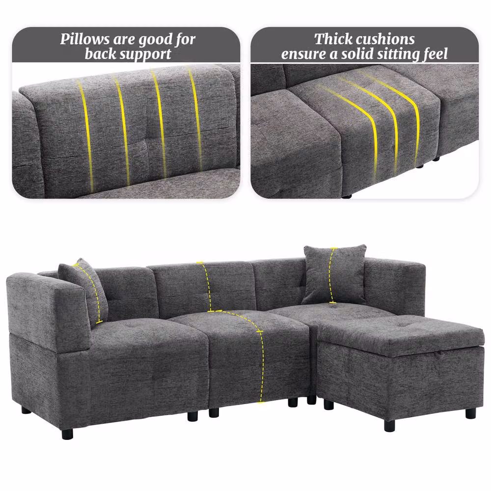 FENCHILIN L-Shaped Reversible Corner Sofa in Grey with Movable Storage Ottoman and Scatter Cushions – 3