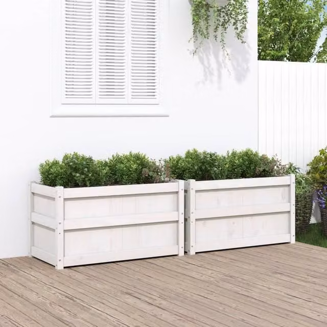 Berkfield Home Garden White Solid Wood Pine Planter Tub, 2 Pack – 1