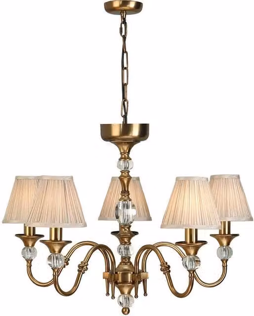 Interiors 1900 Polina 5 Light Multi Arm Ceiling Pendant Chandelier in Antique Brass and Beige with Crystal Details, E14