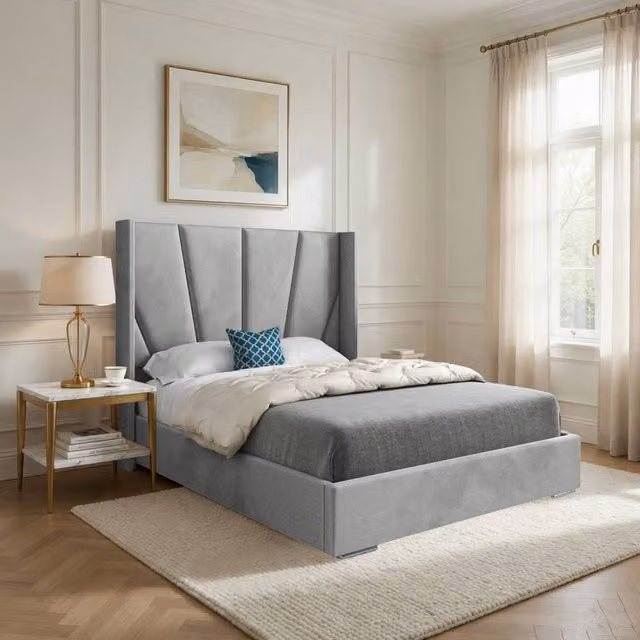 Casani Fairlight Upholstered Velvet Winged Bed Frame in Grey, W/D/H: 180 x 137 x 159 cm