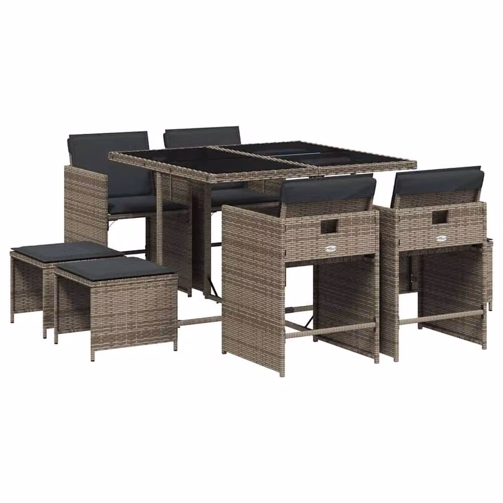 Berkfield Home 9 Piece Grey Poly Rattan Garden Dining Set with Cushions and Glass Table – 2