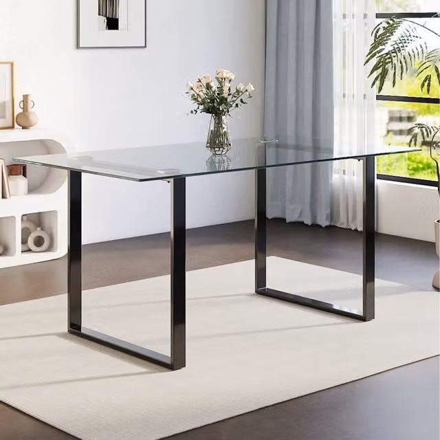 Komore Minimalist Rectangular Dining Table with Transparent Glass Top and Black Sled Base