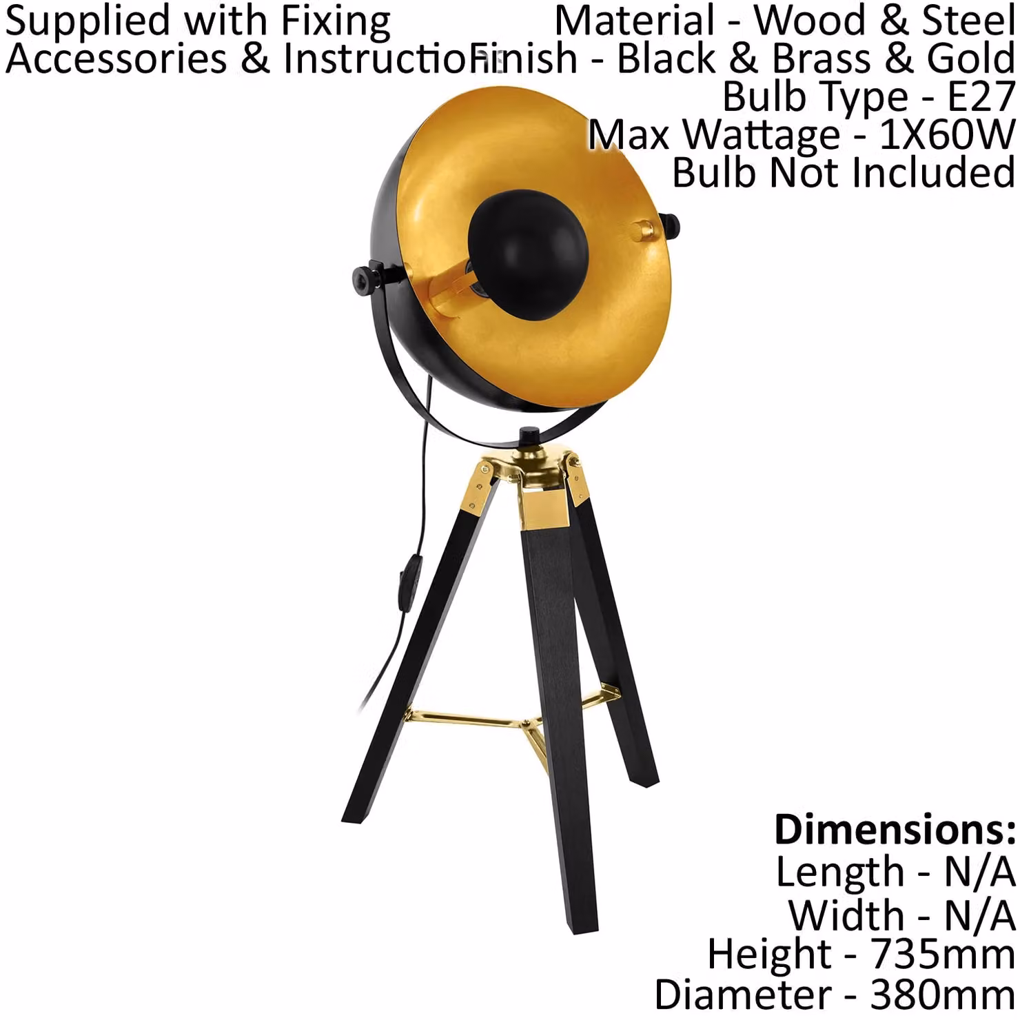 Loops 2 Pack Modern Table Lamps in Black, Gold and Wood with E27 Bulb Compatibility, H 38 cm x W 73.5 cm x D 38 cm – 2
