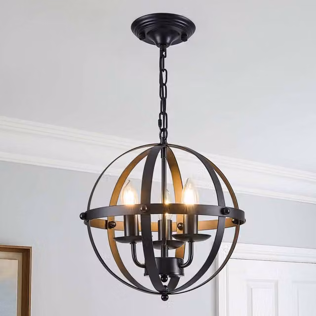 NIVOR 3 Light Industrial Globe Vintage Chandelier, Black Spherical Pendant with Transparent Glass and E14 Base