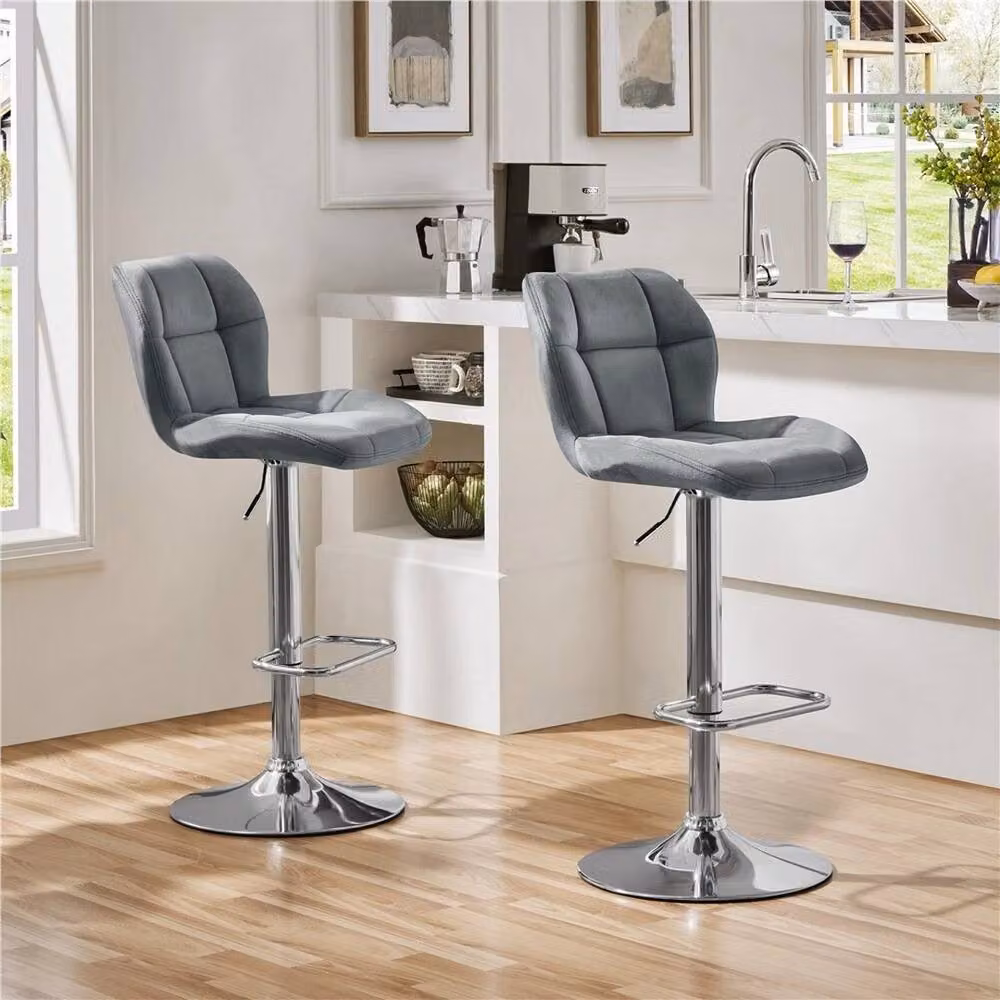 VOGREX Set of 2 Dark Grey Velvet Swivel Bar Stools with Backrest – 5