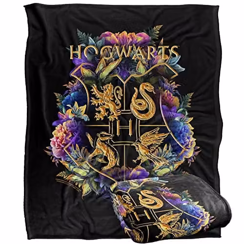 LOGOVISION Harry Potter Hogwarts Floral Crest Fleece Blanket, Multicolour, W: 152 cm, D: 127 cm