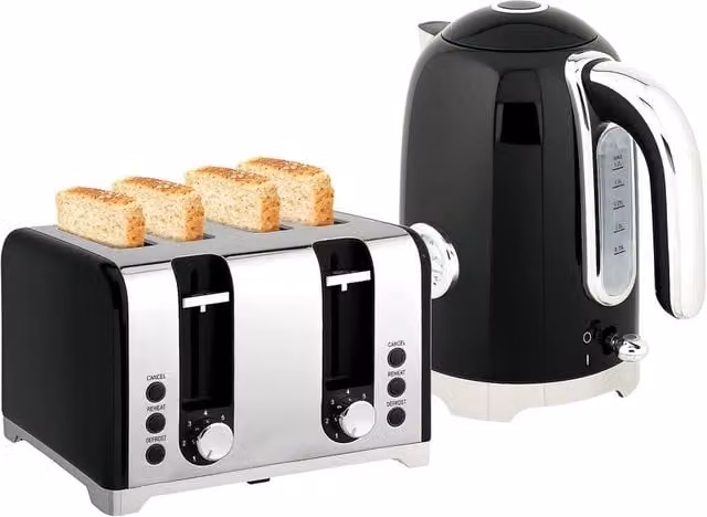 Kelvenix 3000W 1.7L Kettle with Retro Thermometer and 4 Slice Toaster Set in Black and Silver – 1