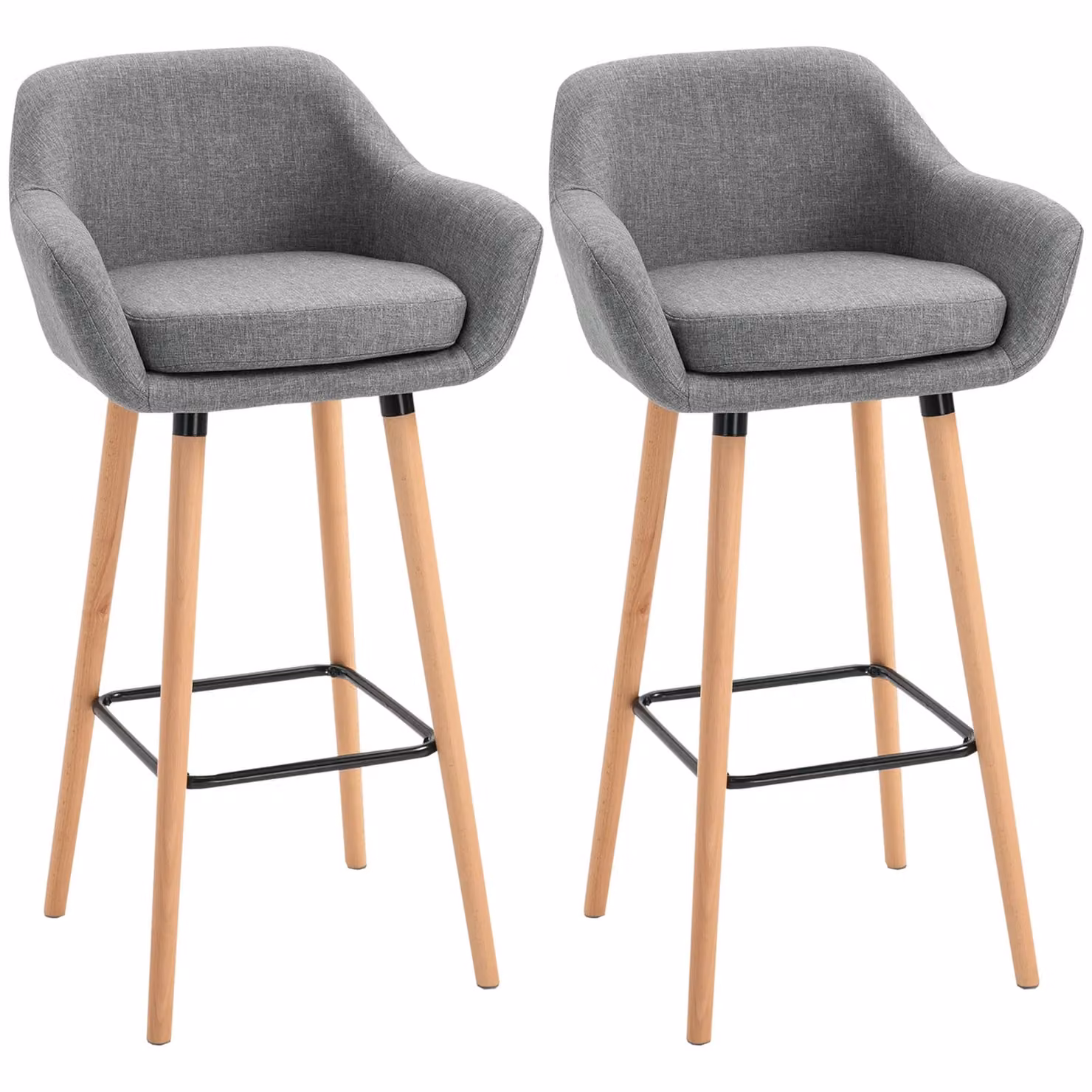 HOMCOM Set of 2 Modern Upholstered Fabric Bucket Seat Bar Stools with Armrests and Wood Legs in Grey – 2