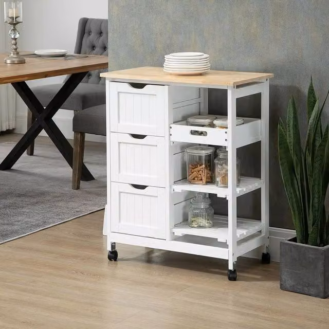 EONLION White Lacquered Wood Rolling Kitchen Island and Bar Serving Cart