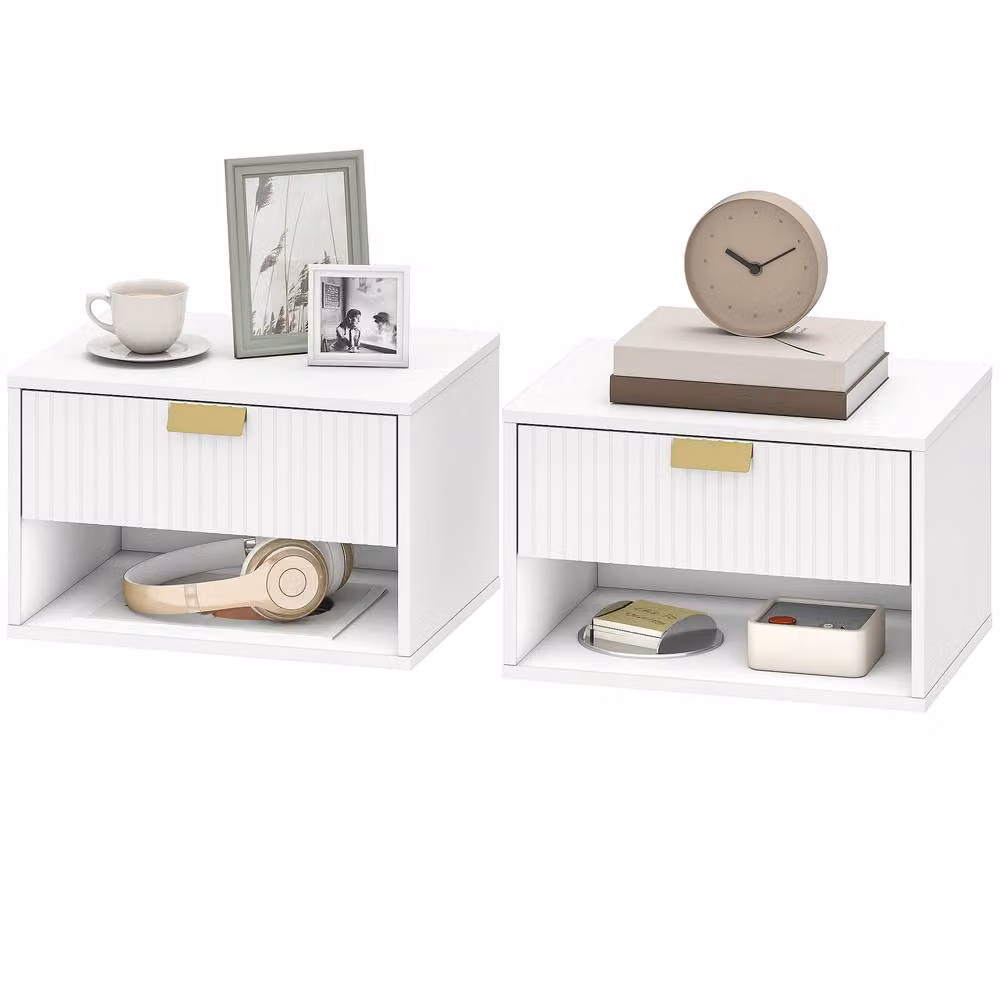 STILVORA White Wall-Mounted Bedside Cabinet with Drawer and Shelf – 2