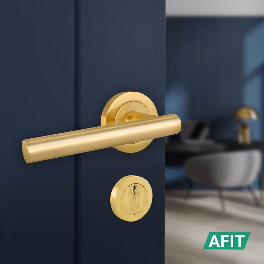 AFIT Satin Brass Euro Cylinder Door Handle Lock and Hinges Complete Set in Gold – 4