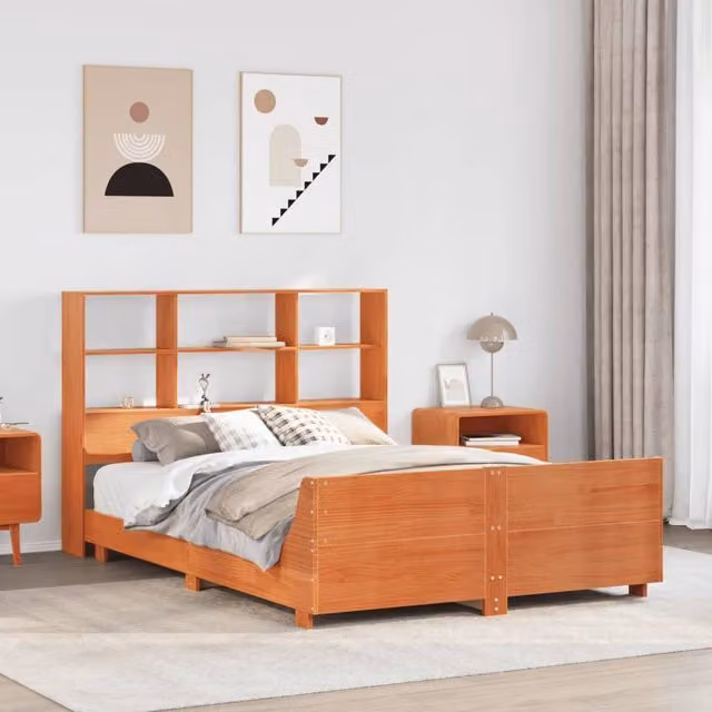 Berkfield Home Wax Brown Solid Wood Pine Bed Frame with Side Compartments W/D/H: 160 x 200 cm