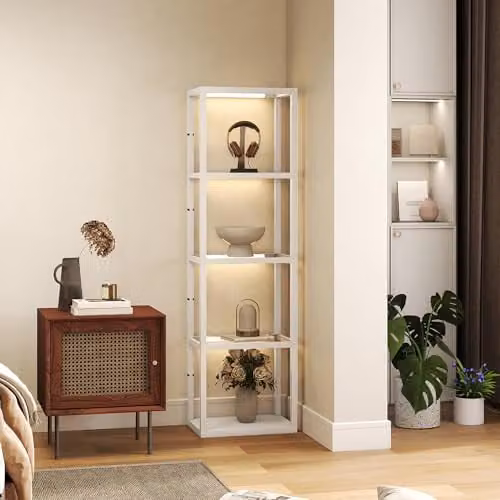 HOMCOM Dimmable LED Floor Lamp with 4 Glass Shelves in White and Wood – 3