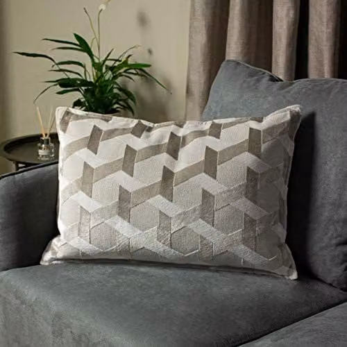 Paoletti Delano Geometric Velvet Cushion in Beige and White, W: 60 cm, H: 40 cm, D: 40 cm – 2