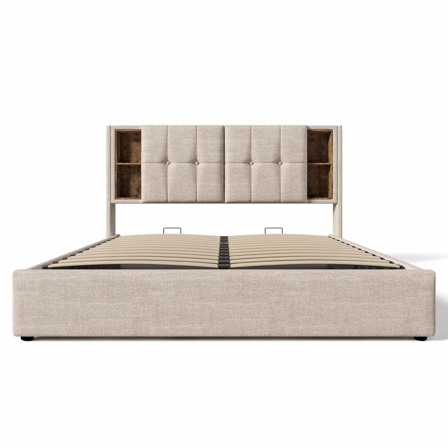 Aosom UK Double Bed Frame with Hydraulic Storage, Wireless Charging and Linen Fabric in Beige, W/D/H: 141 x 196 x 100.5 cm – 2