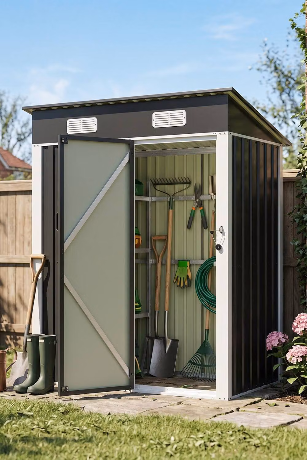 Garden Sanctuary Black Metal Pent Garden Storage Shed with Lockable Door, W/D/H: 152.4 x 91.44 x 181.0 cm – 2