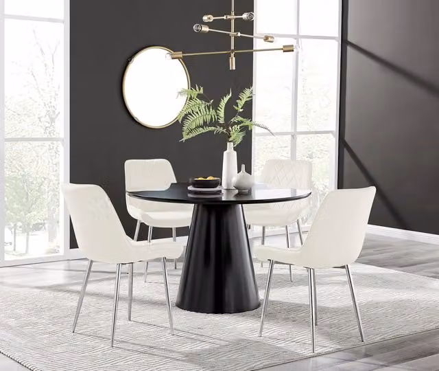 FurnitureboxUK Palma Black Semi Gloss Round Dining Table and 4 Pesaro Silver Leg Chairs in Cream