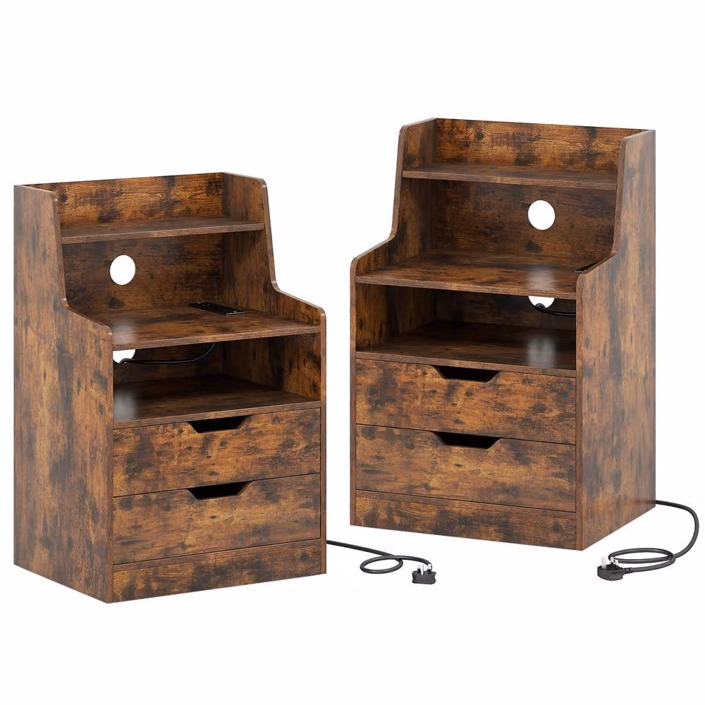 Costway Modern 2-Drawer LED Nightstand with Charging Station in Brown – 4