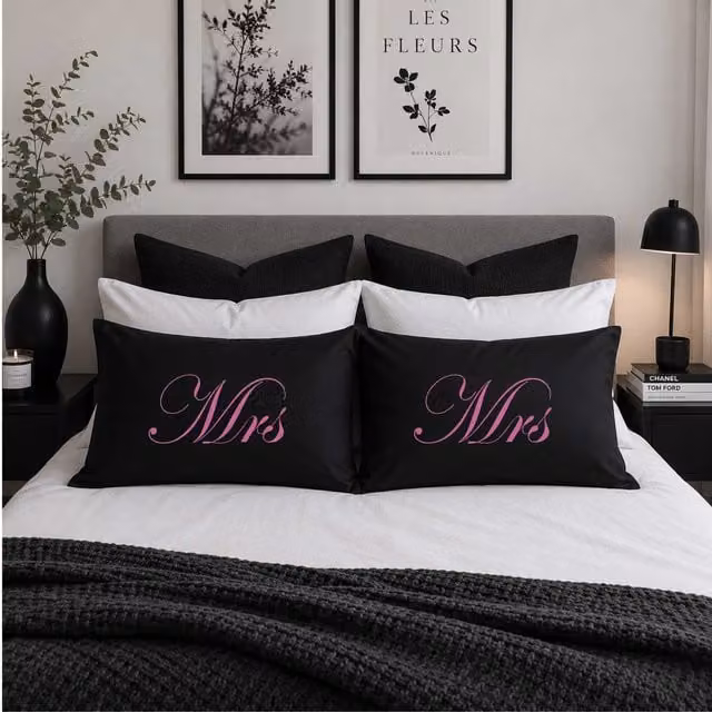 60 Second Makeover Mrs & Mrs Cotton Pillowcases in Black and Pink