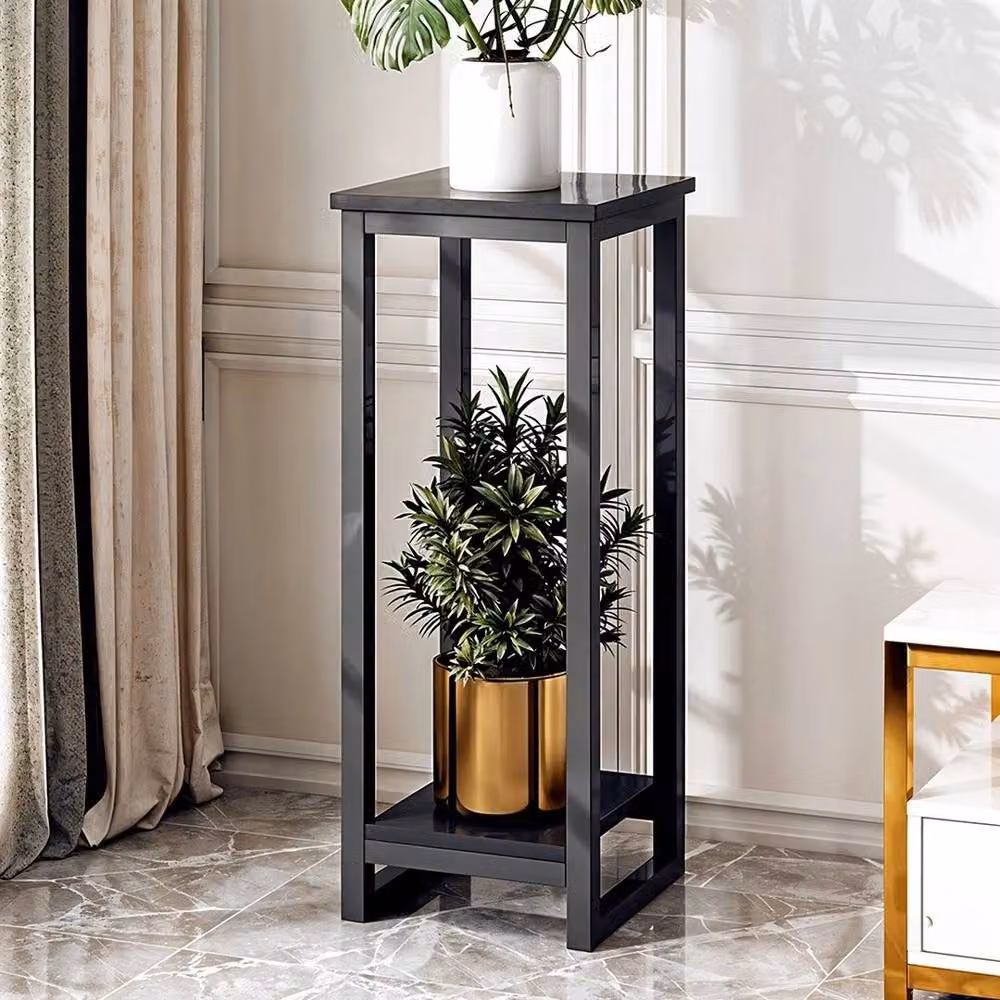 KORVIXA Black Slim Plant Stand Table, Metal and Wood Flower Pot Rack, H 90 cm x W 90 cm x D 2 cm – 3