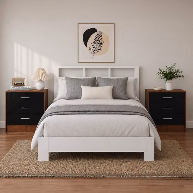 REFLECT 3 Drawer Bedside Tables (Set of 2) in Black High Gloss and Matt Walnut Finish