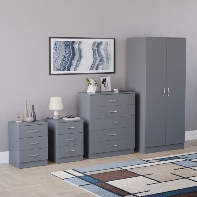 Vida Designs Riano 4 Piece Modern Grey Bedroom Set including 2 x 3 Drawer Bedside Chests, 5 Drawer Chest and 2 Door Wardrobe