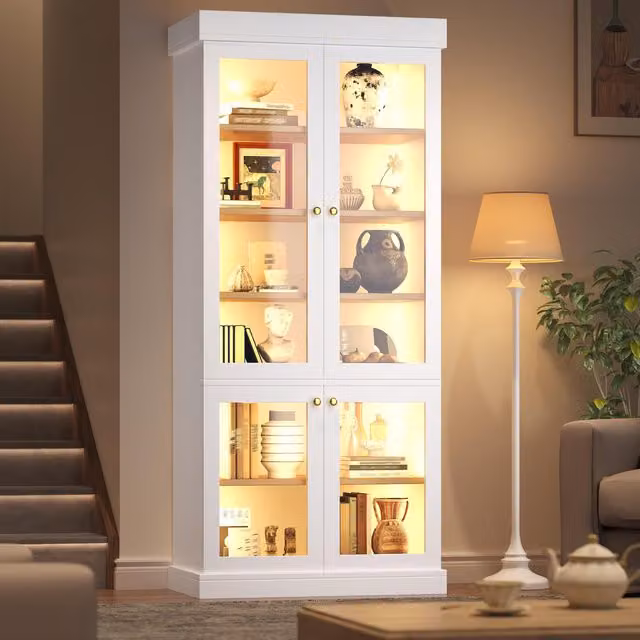 Aosom UK Modern White Display Cabinet with Integrated LED Lighting and Glass Doors, W/D/H: 40 x 40 x 180 cm
