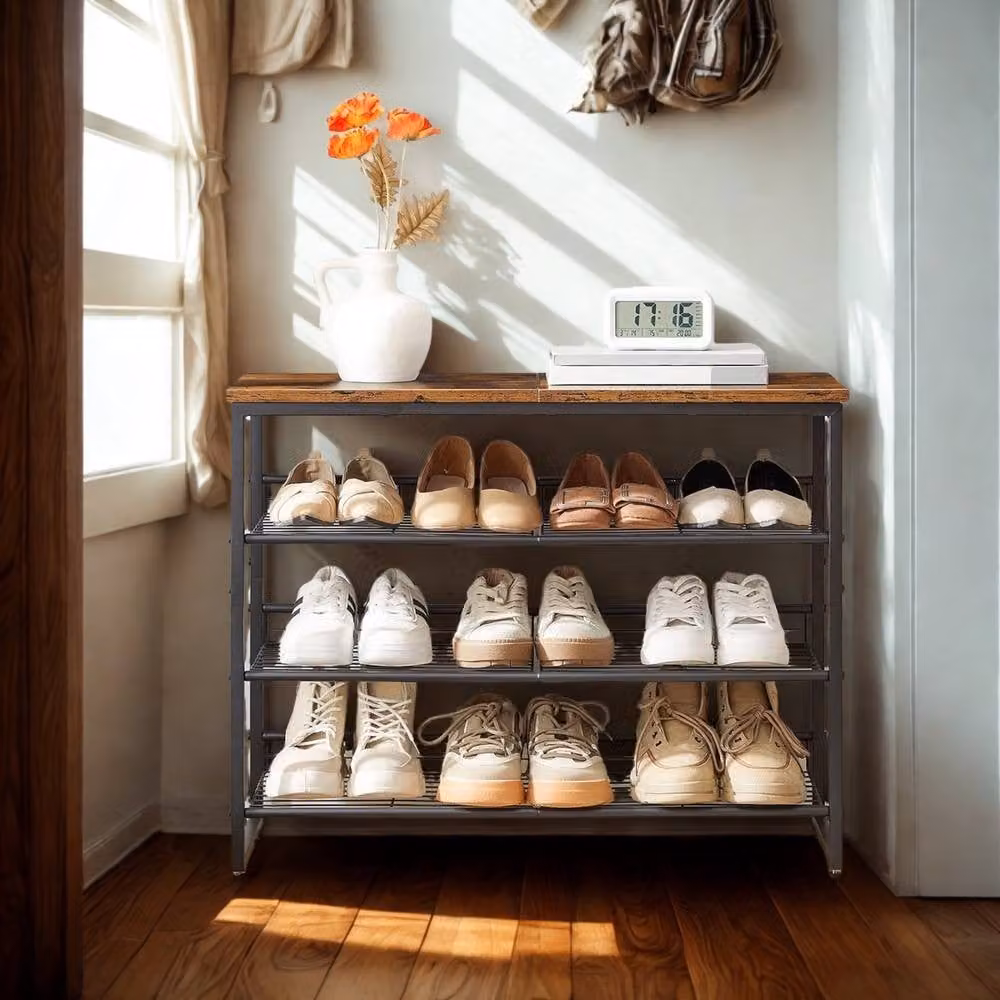 FURNOS 4-Tier Hallway Shoe Rack Storage with Adjustable Mesh Shelves in Brown – 2