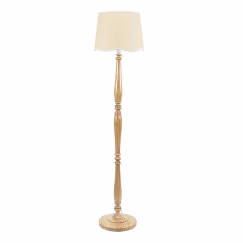 ValueLights Natural Wood Candlestick Floor Lamp with White Scallop Fabric Shade and Included LED Bulb