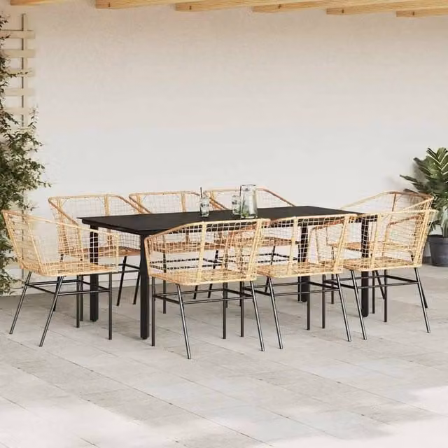 Berkfield Home Beautiful 9 Piece Brown Poly Rattan Garden Dining Set with Glass Top