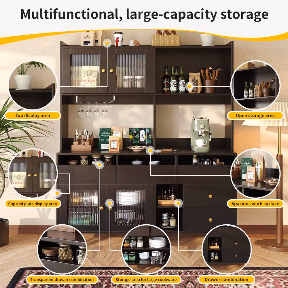 Rolipo Black and Gold Modern High Sideboard with Fluted Glass Doors and Wine Rack – 4