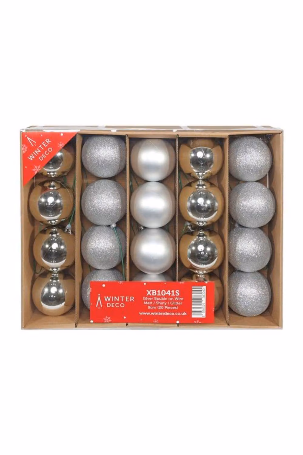 KDMD Silver Round Christmas Baubles with Matt and Shiny Glitter Finish on Wire, 20 Pack – 2