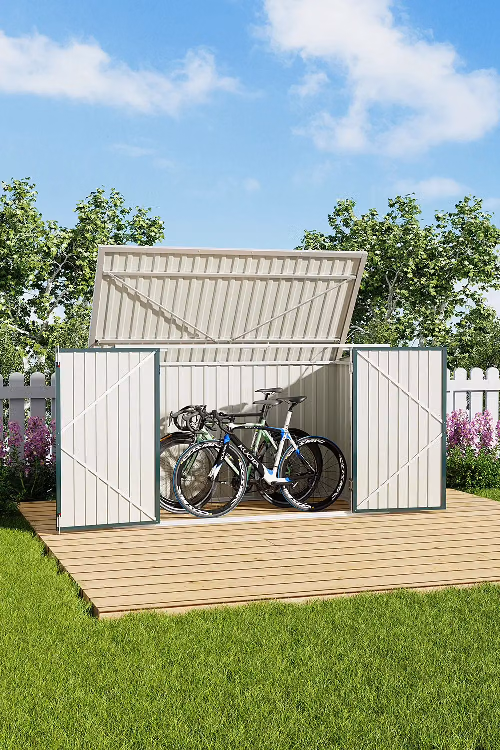 Living and Home Green Metal Lockable Bicycle and Trash Storage Shed with Sloped Roof and Dual Vents, W/D/H: 91.44 x 90.0 x 125.0 cm – 2