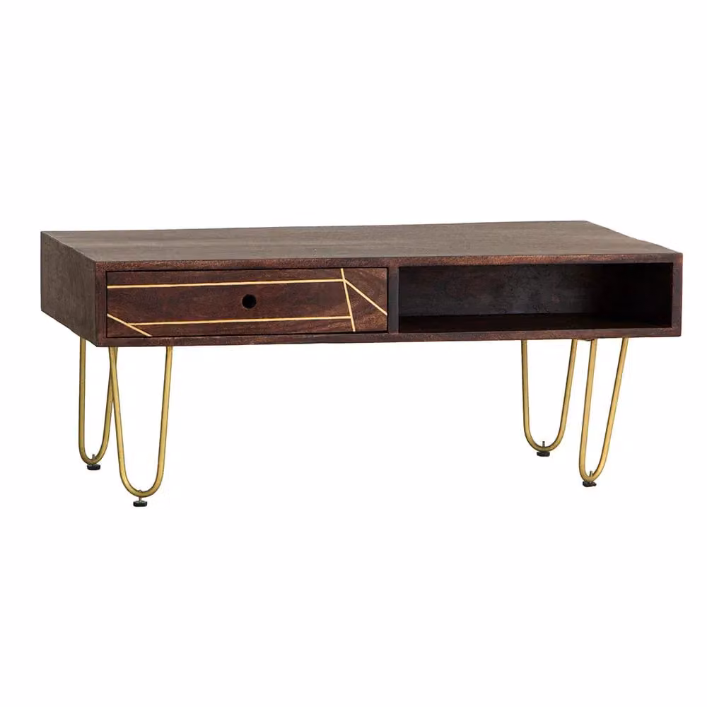 IH Design Jusleen Solid Mango Wood Coffee Table with Drawer in Brown and Gold – 2