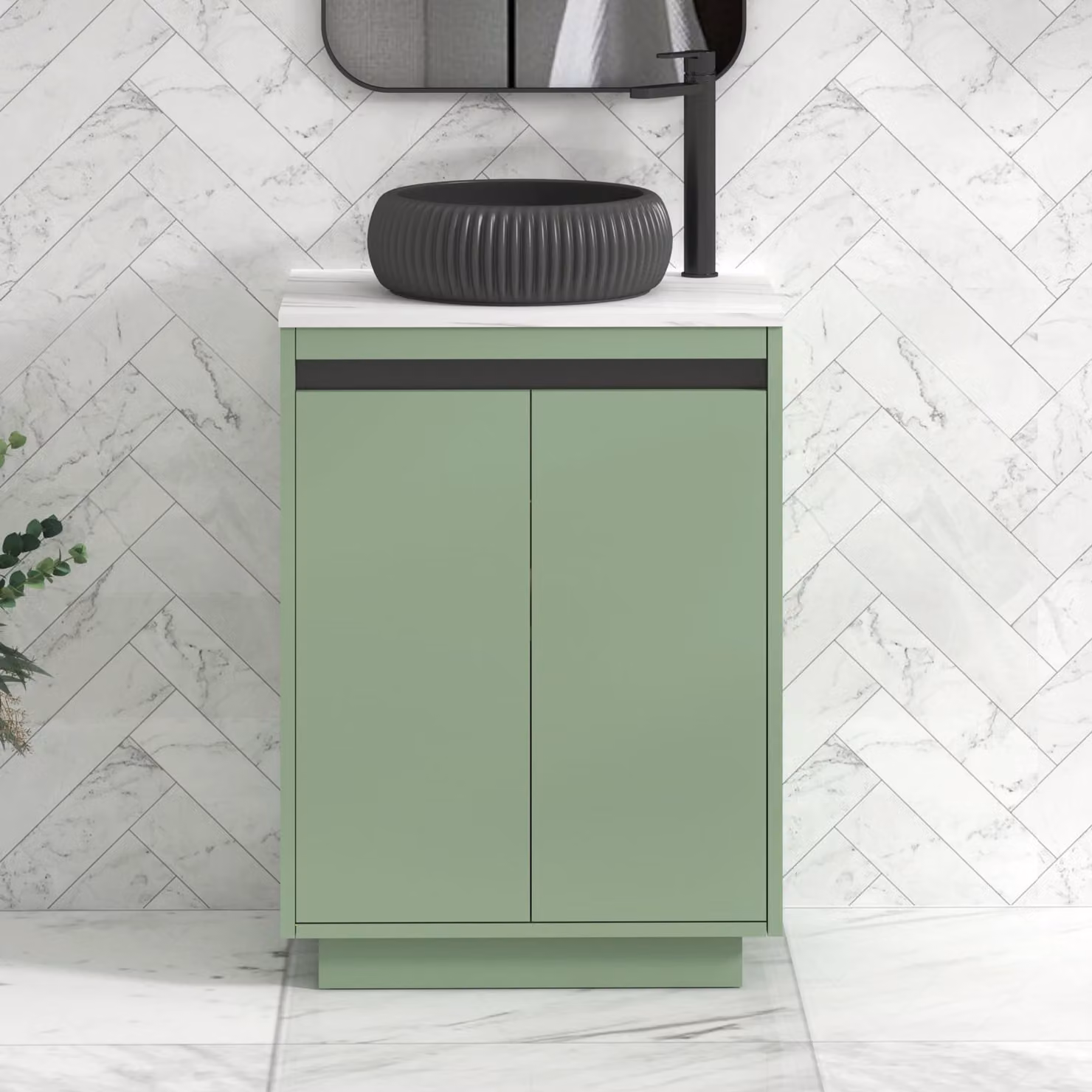 Royal Bathrooms Orion 600mm Mint Sage Floor Standing Countertop Vanity Unit with Milan Black Basin and Black Accent Trim