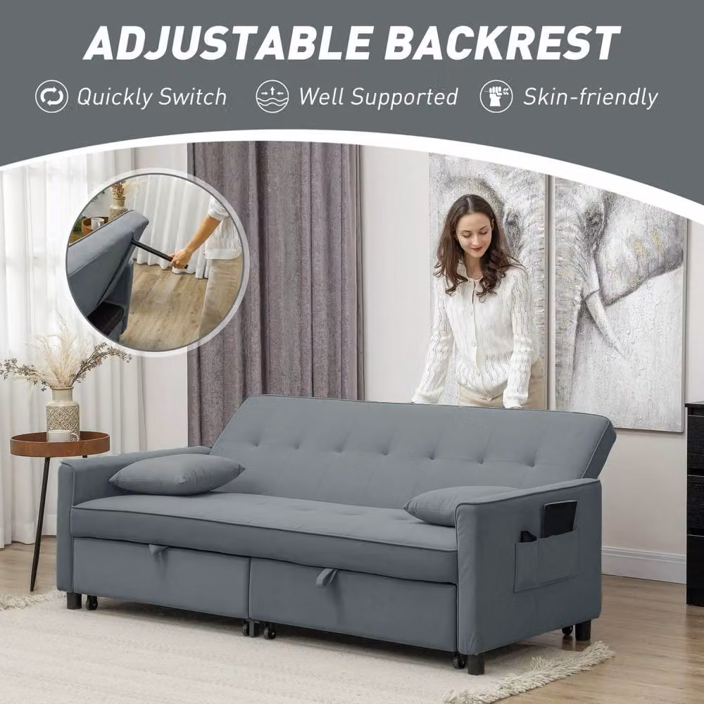 Wyld Haus Senosa 3 Seater Grey Velvet Click Clack Convertible Sofa Bed with Solid Wood Frame and Scatter Cushions, W/D/H: 196 x 89 x 90 cm – 5