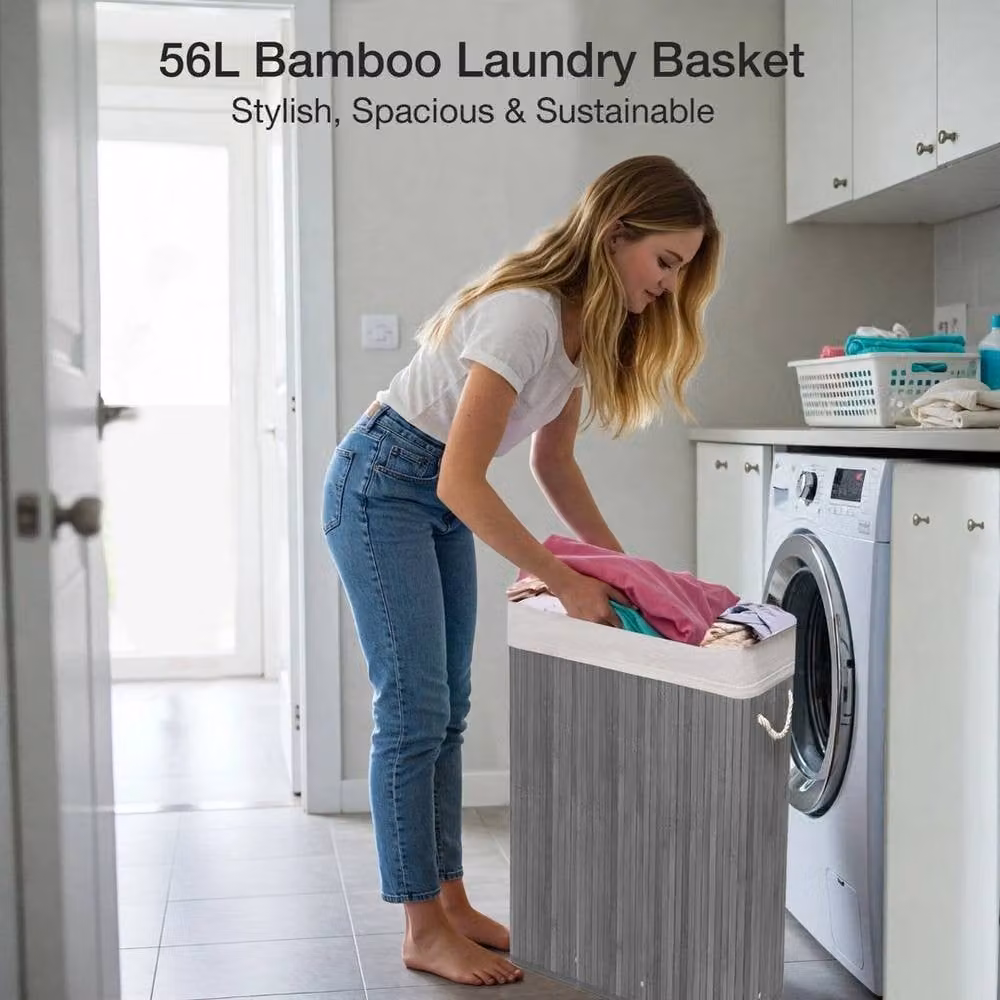 PAWNORA Bamboo Laundry Basket with Lid, Grey – 3