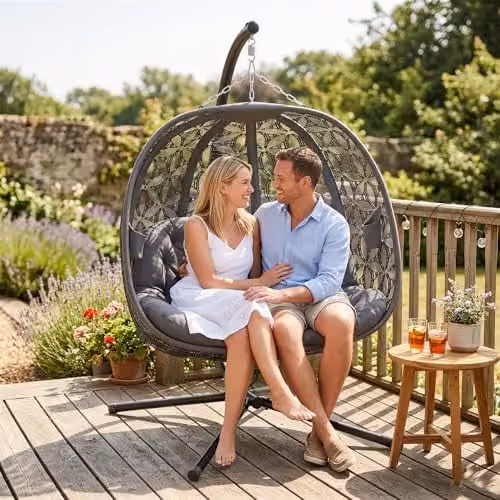 Outsunny Double Hanging Swing Chair with Metal Stand and Cushions, Grey – 7