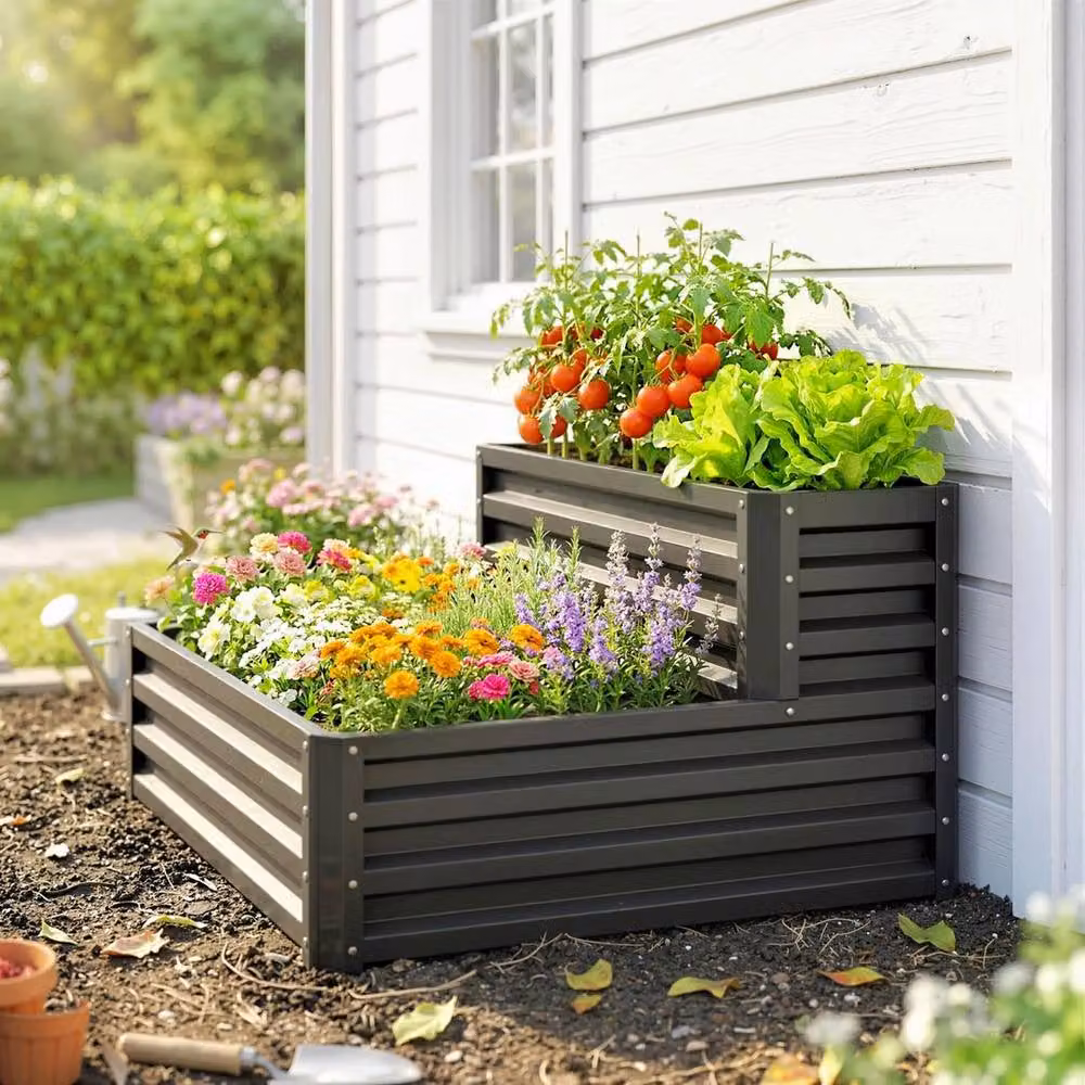 VOGREX 2 Tier Galvanised Steel Raised Garden Bed Planter Box in Grey – 4