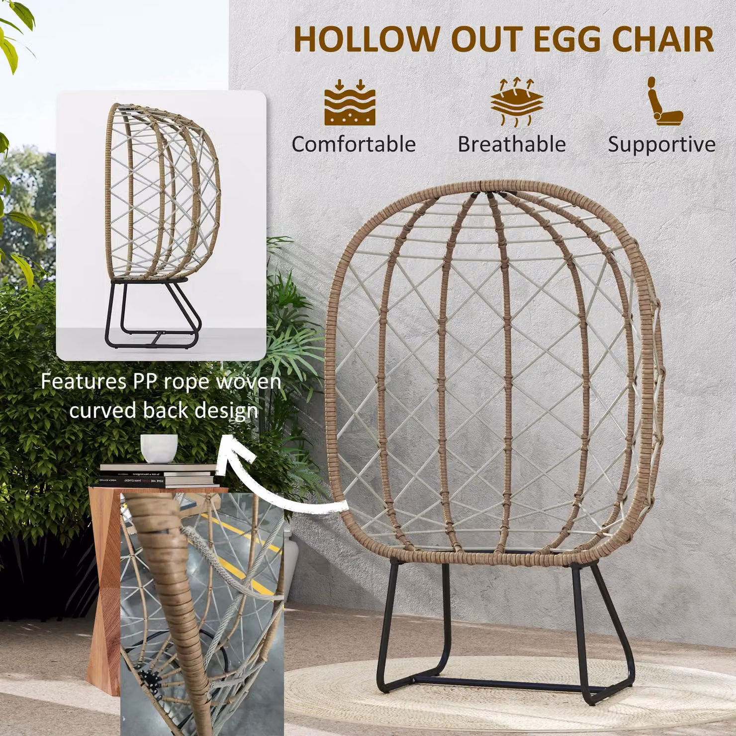 Outsunny Brown Rattan Garden Egg Lounge Chair with Cushions and Powder Coated Steel Frame – 4