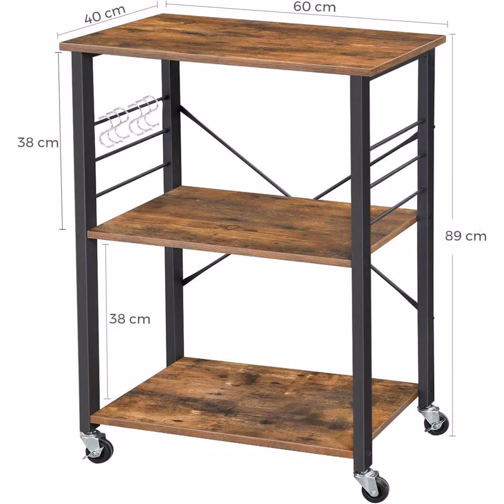The Bazaarist 3 Tier Rolling Kitchen Cart with 6 Hooks in Brown and Black – 3